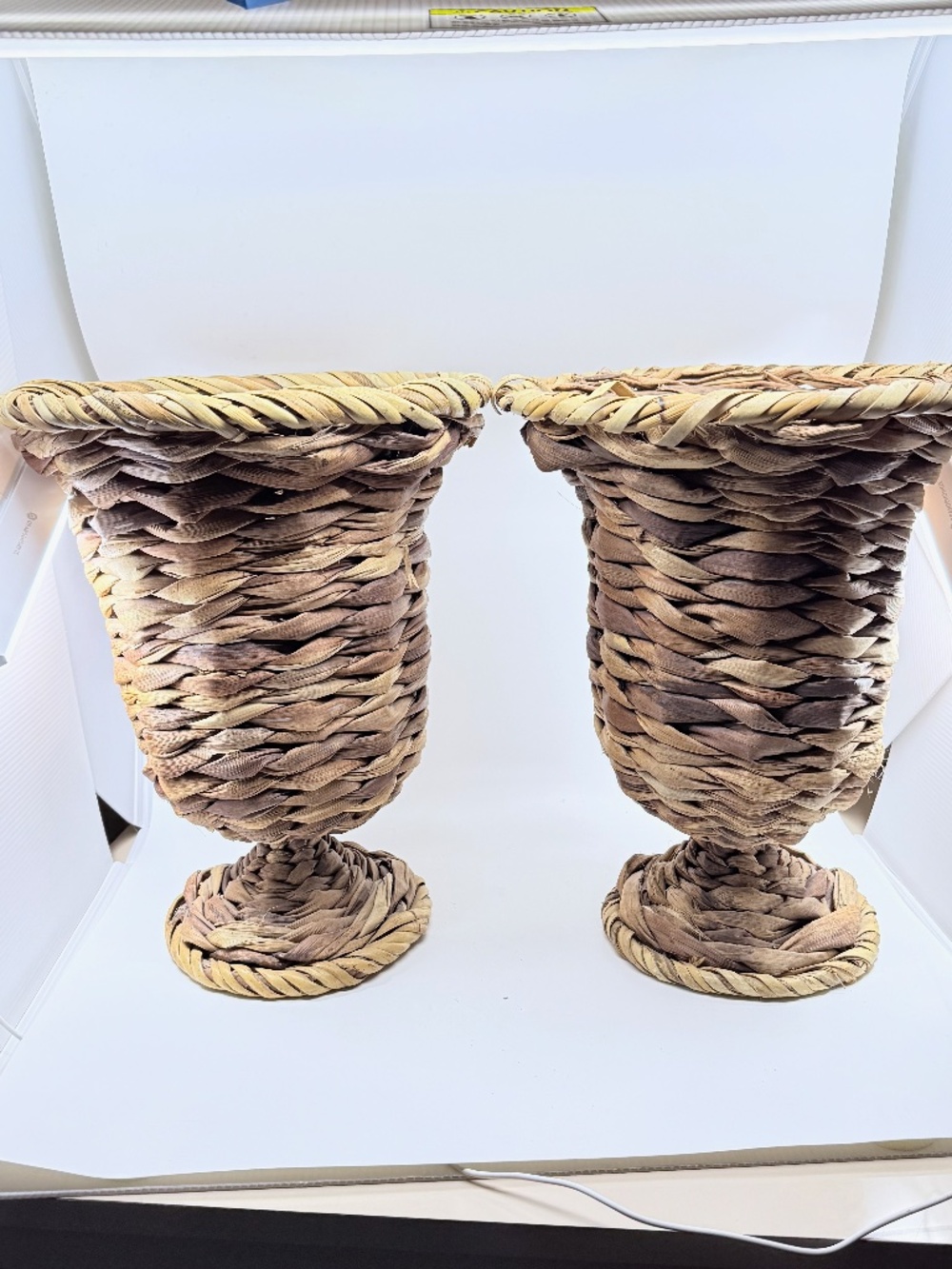Vintage Pair Woven Wicker Urn Style Pedestal Vases
